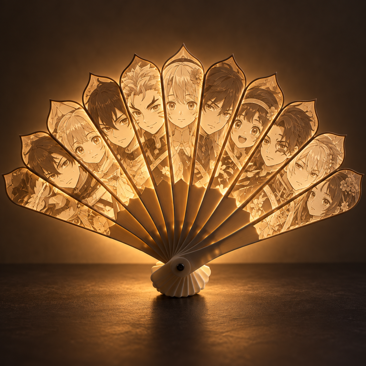 Backlit lithophane anime fan on a dark studio surface