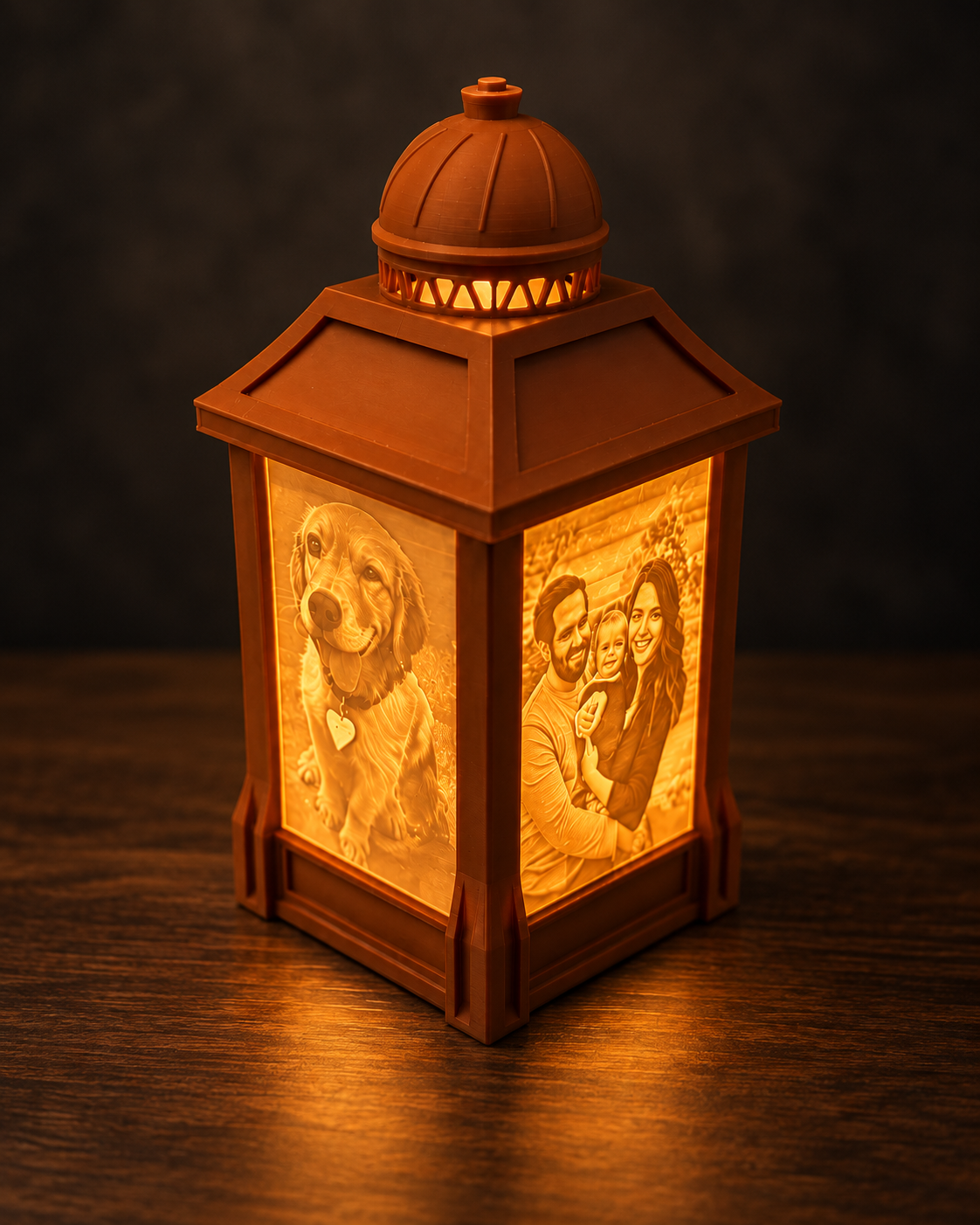 A personalized photo lantern with glowing family and pet portraits