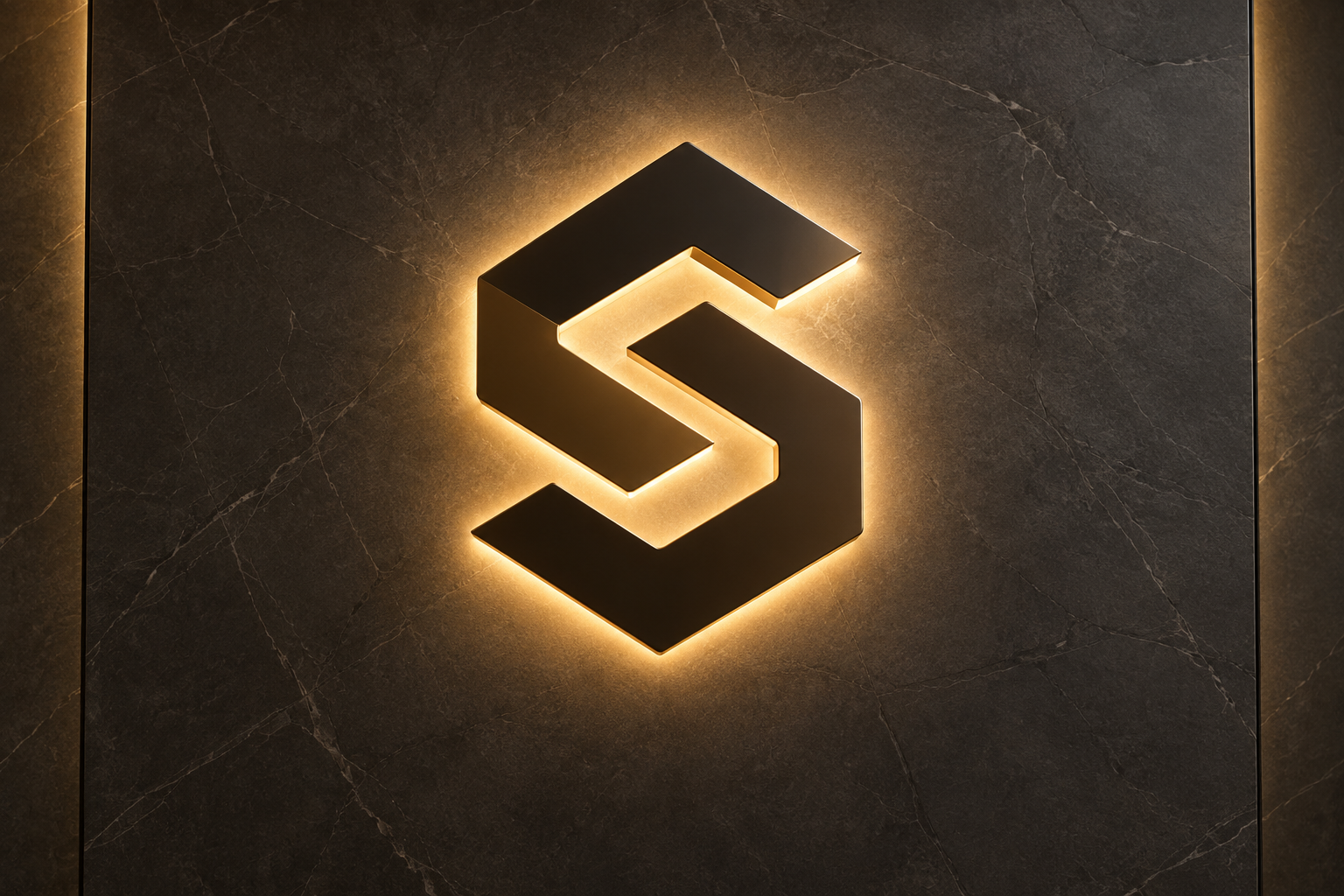 Custom illuminated dimensional logo sign on a graphite wall